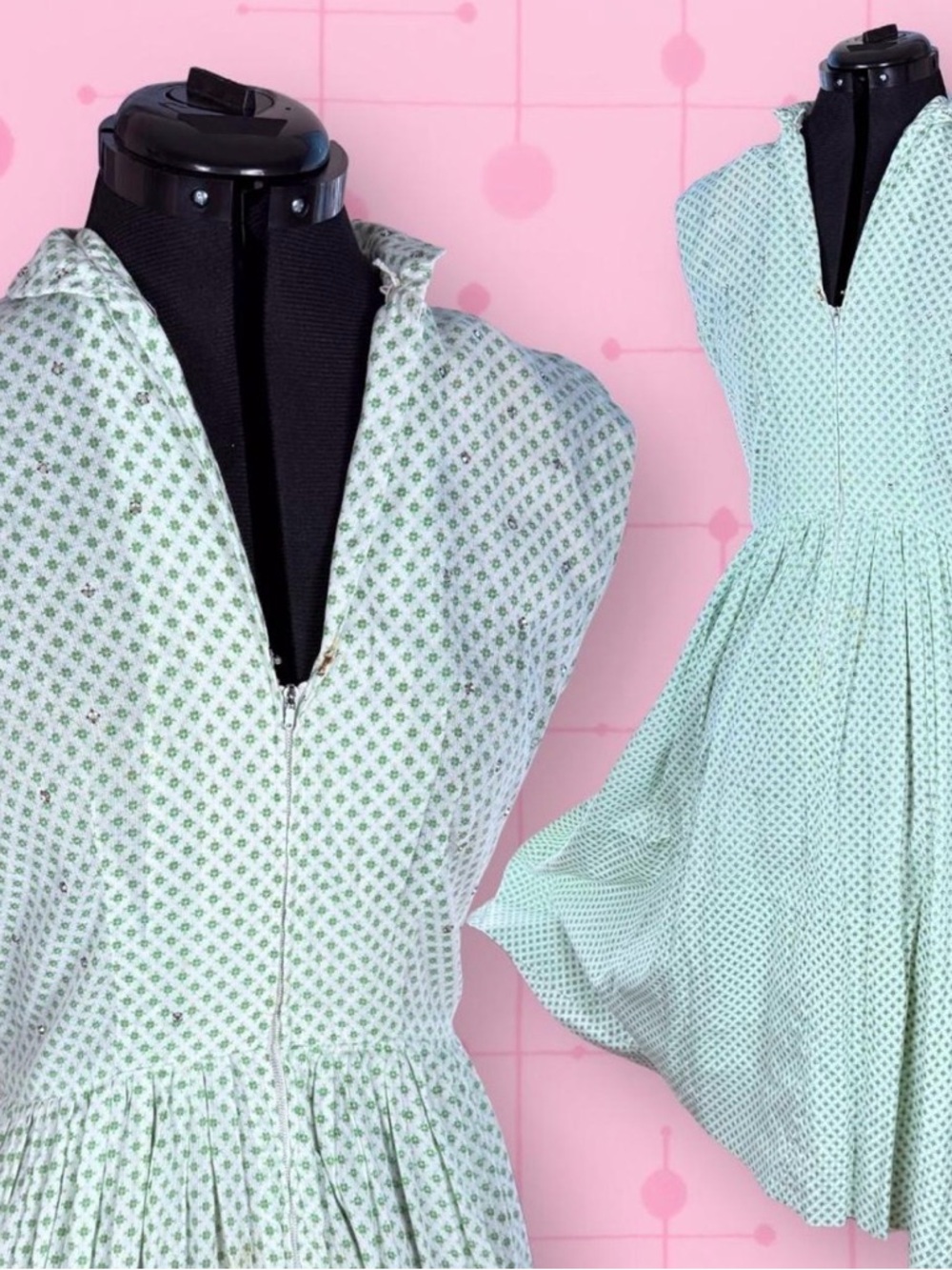 1960s Green Clover Print Sun Dress S